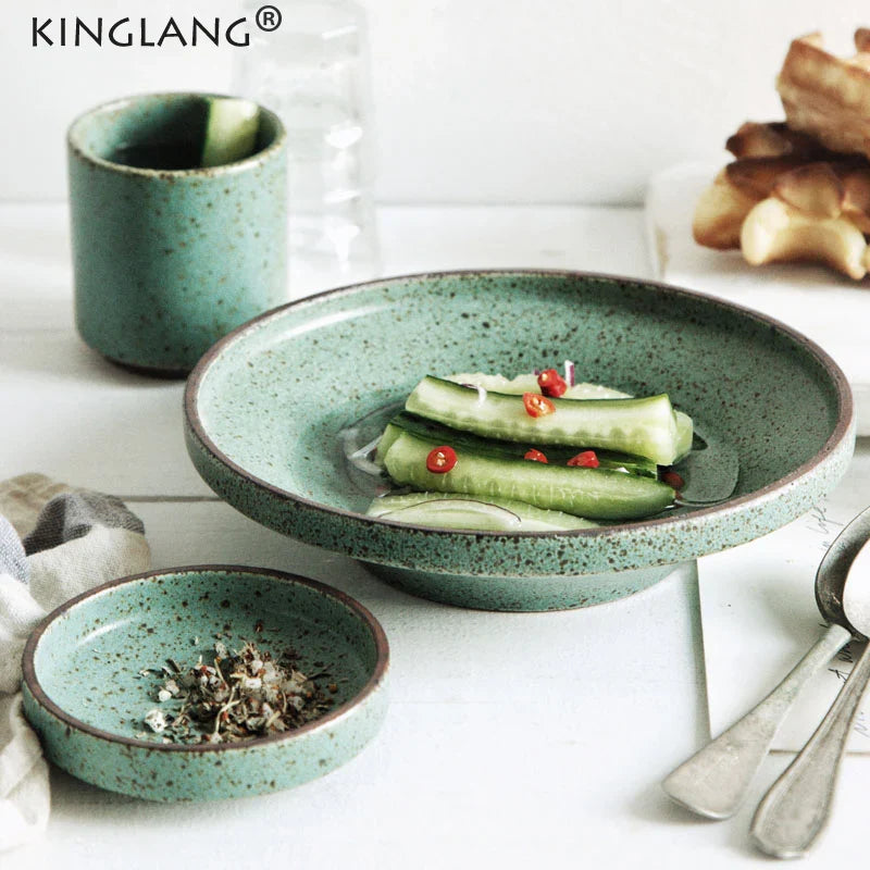 Axya Retro Green Ceramic Dinner Set | Handmade Plates & Bowls for Restaurant Tableware
