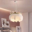 Axyaa White Feather Pendant Light with Gold Crown & Crystal Decor for Girl's Room, E27 Socket