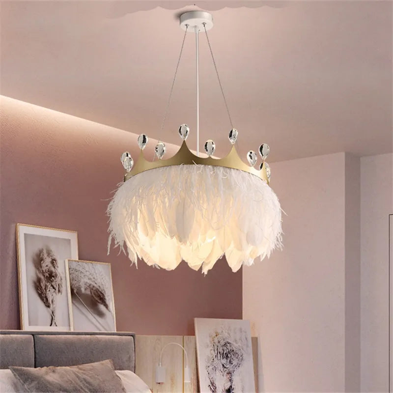 Axyaa White Feather Pendant Light with Gold Crown & Crystal Decor for Girl's Room, E27 Socket
