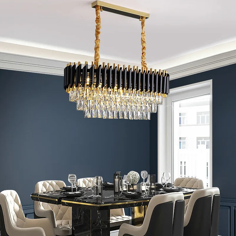 Axyaa Black Gold Metal LED Chandelier - Modern Luxury Crystal Hanging Lamp