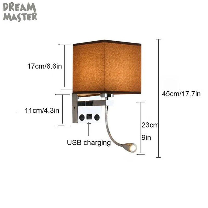Axyaa Modern Wall Sconce with USB Port, 2 Switches & Fabric Shade LED Reading Lamp