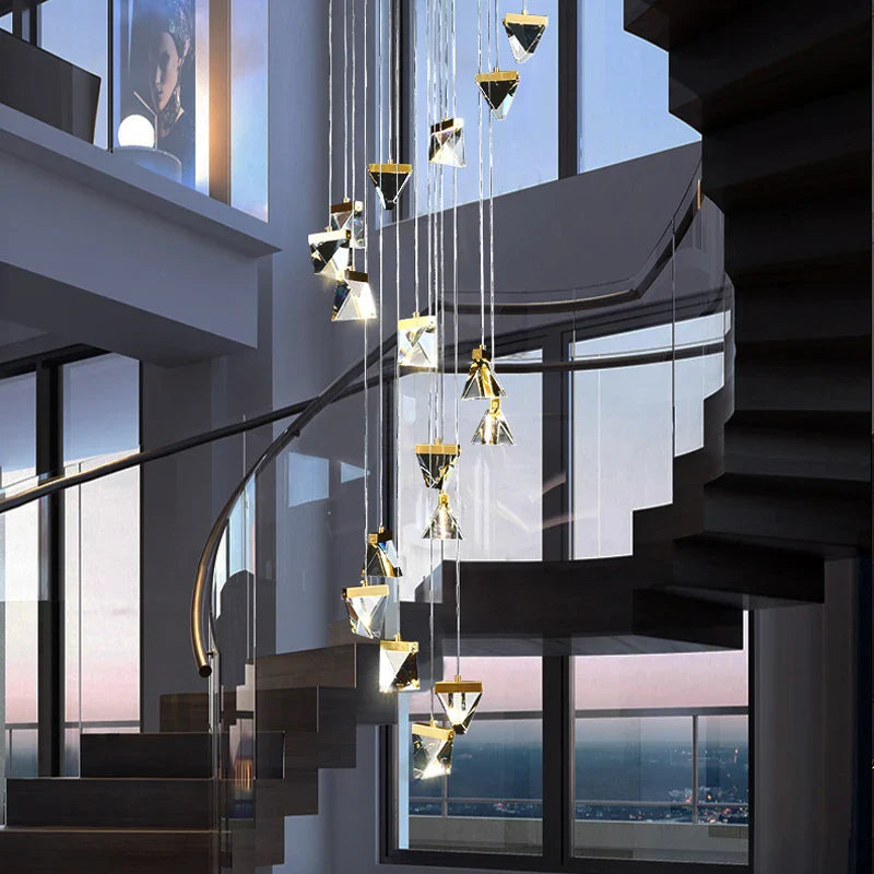 Axyaa Crystal Stair Chandelier: Modern Square Rhombic LED Lighting for Indoor Living Room