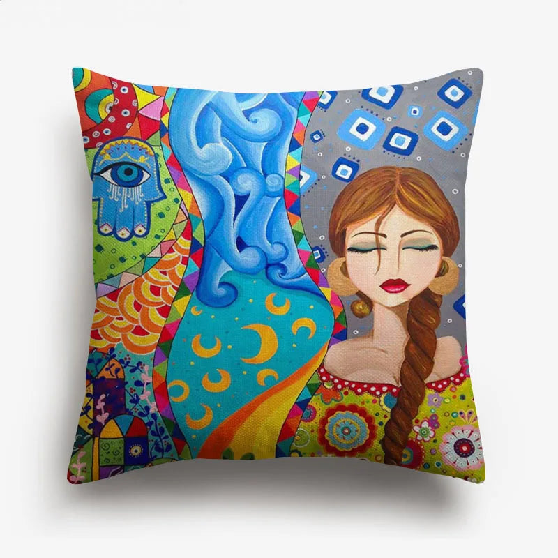 Axyaa Watercolor Turkish Evil Eye Cushion Cover Arabian Girl Portrait Pillow Case