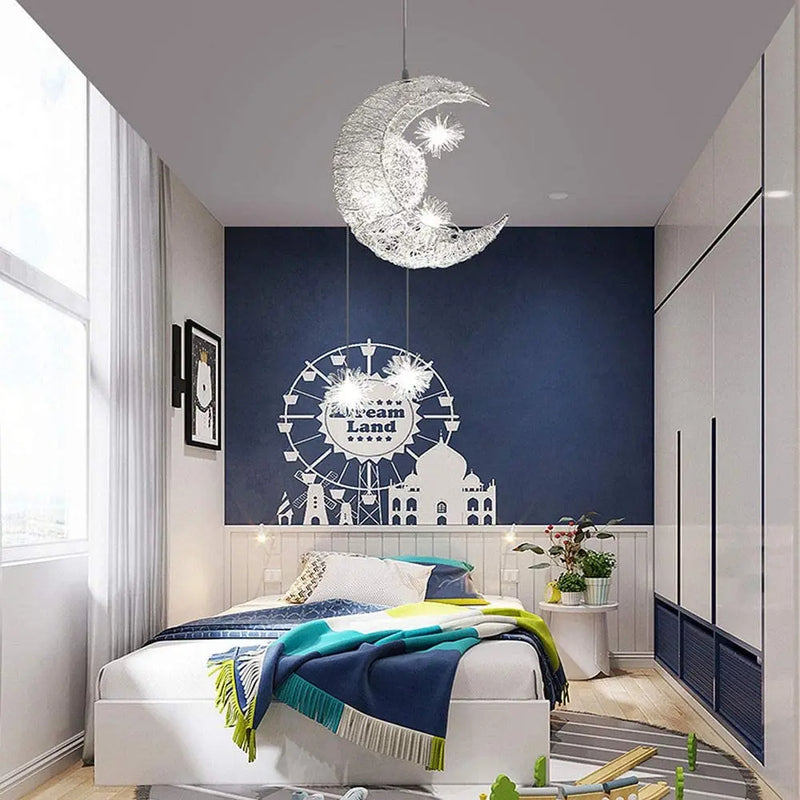 Axya Moon Star Pendant Light: Modern Kids Bedroom LED Fixture for Home Decor