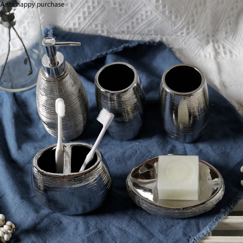 Axya Silver Ceramic Bathroom Set: Mouthwash, Soap Dispenser, Toothbrush Cup