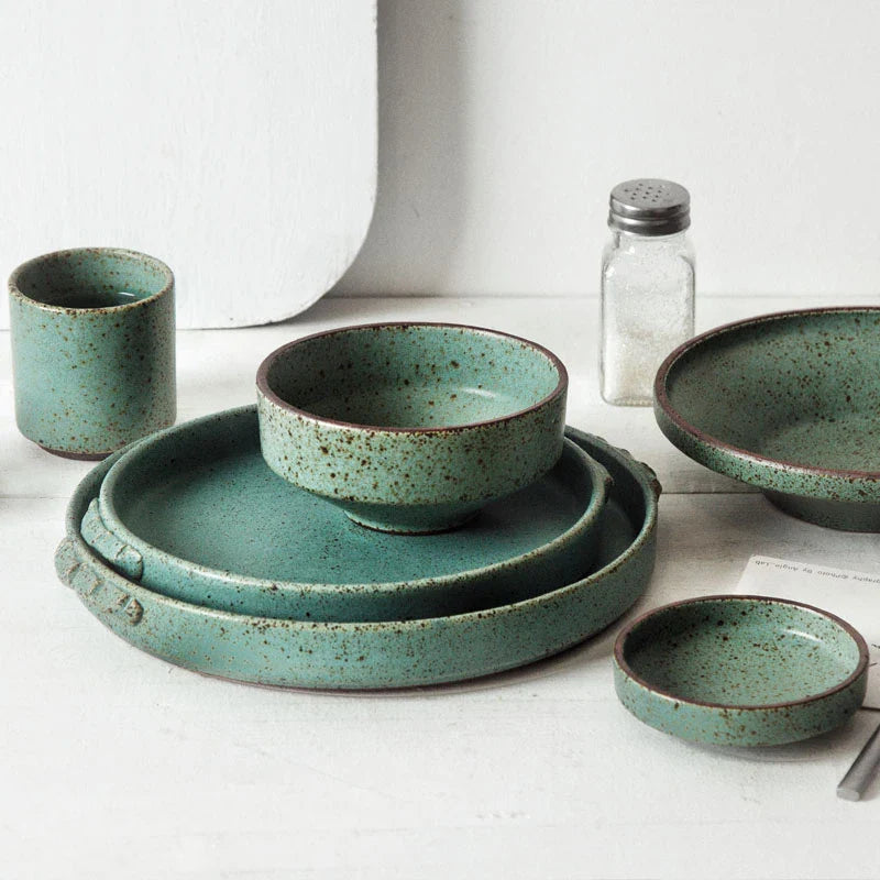 Axya™ Japanese Green Ceramic Plate Set for Home Restaurant, Retro Handmade Style