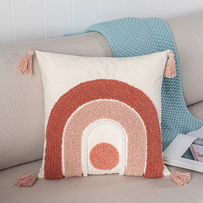 Axyaa Pink Rainbow Tufted Diamond Pillow Cover for Living Room Girls Room