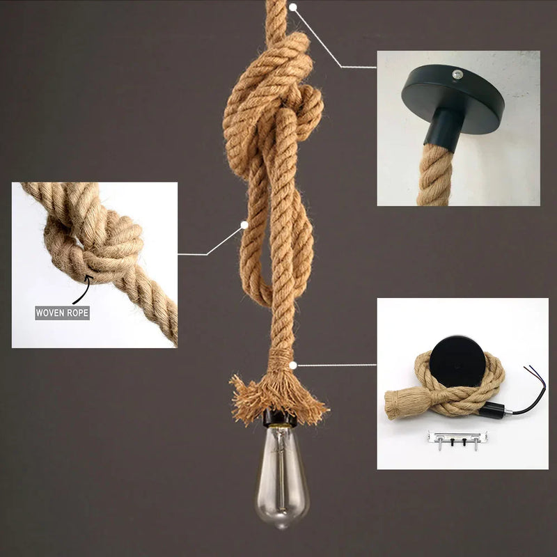 Axyaa Retro Hemp Rope Pendant Light with E27 LED Bulb - Industrial Vintage Hanging Lamp