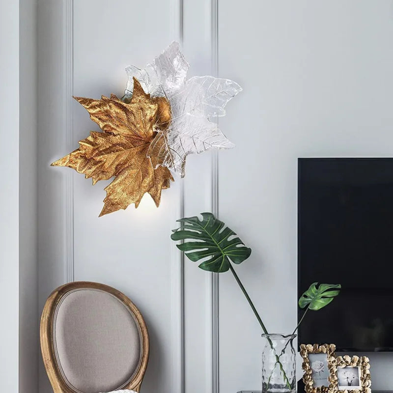 Axyaa Luxury Copper Maple Leaf Crystal Glass Wall Lamp for Home Deco