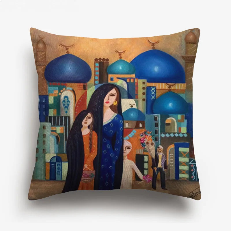 Axyaa Watercolor Turkish Evil Eye Cushion Cover Arabian Girl Portrait Pillow Case