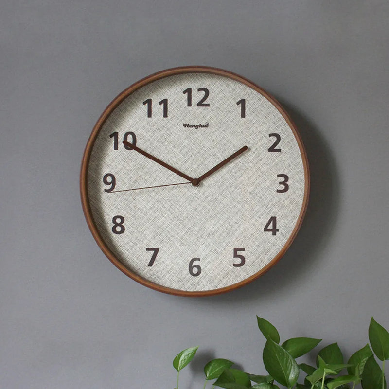 Axya Solid Wood Mute Wall Clock - Nordic Style Linen Art Large Wall Watch