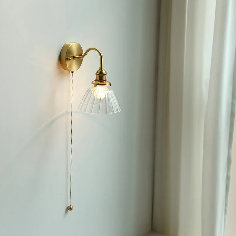 Axyaa Nordic LED Wall Lamp with Pull Chain Switch and Glass Copper Sconce