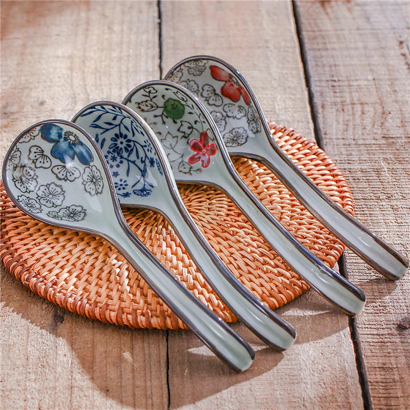 Axya Hand-painted Floral Ceramic Spoon, 16.5*5cm, Japanese Retro Style