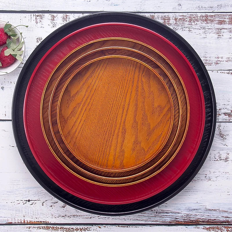 Axya Round Red Black Wooden Pallet Tea Tray Western Dishes Multifunctional Storage Plate