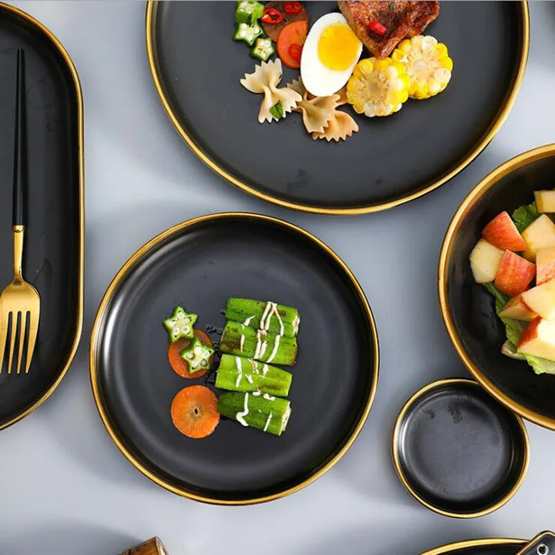 Axya Black Porcelain Dinner Plates Set - Kitchen Tableware Ceramics Bowl Tray Cutlery