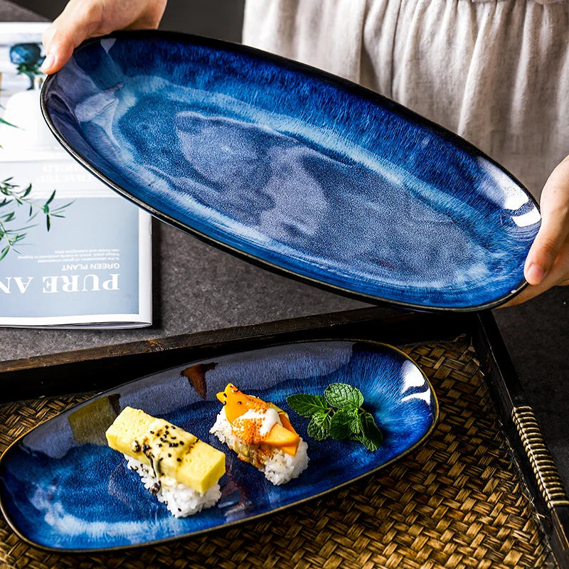 Axya Blue Kiln Glazed Long Fish Plate Sushi Dish Creative Household Large Size