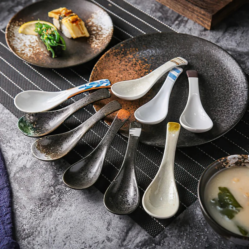 Axya Japanese Retro Bone Ceramic Spoon, Green and Black Rice Scoop, 14.5*4.5cm
