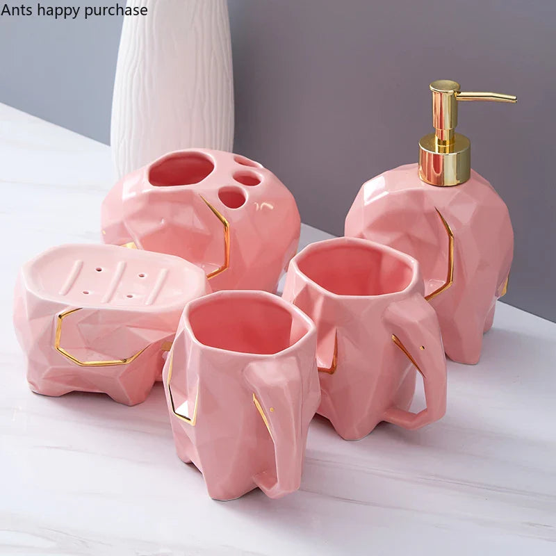 Axya Elephant Bathroom Set: Cup, Toothbrush Holder, Lotion Bottle, Soap Dish