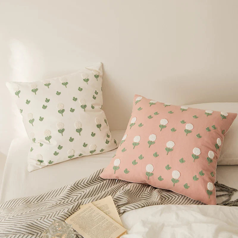 Chic Daisy Dandelion Embroidery Cushion Cover by Axyaa