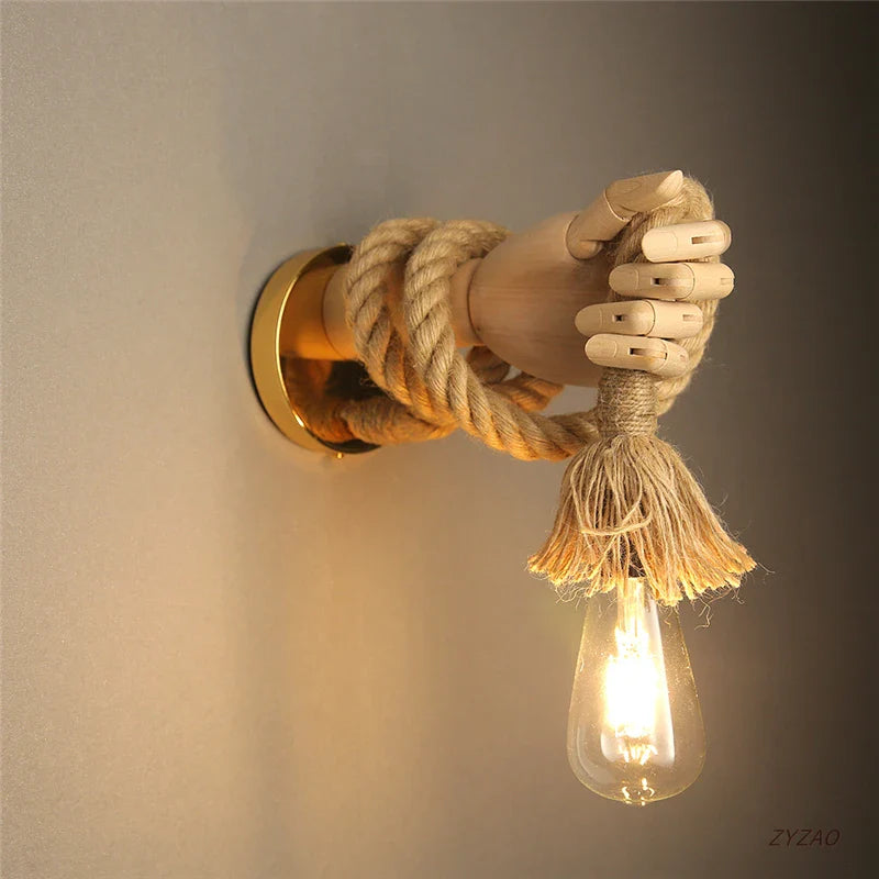 Axyaa Retro Hand Shape Wall Light Industrial Style Hemp Rope Wall Lamp