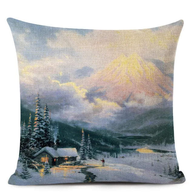 Axyaa City Landscape Oil Painting Cushion Cover | Autumn Winter Art Decor Pillow Case