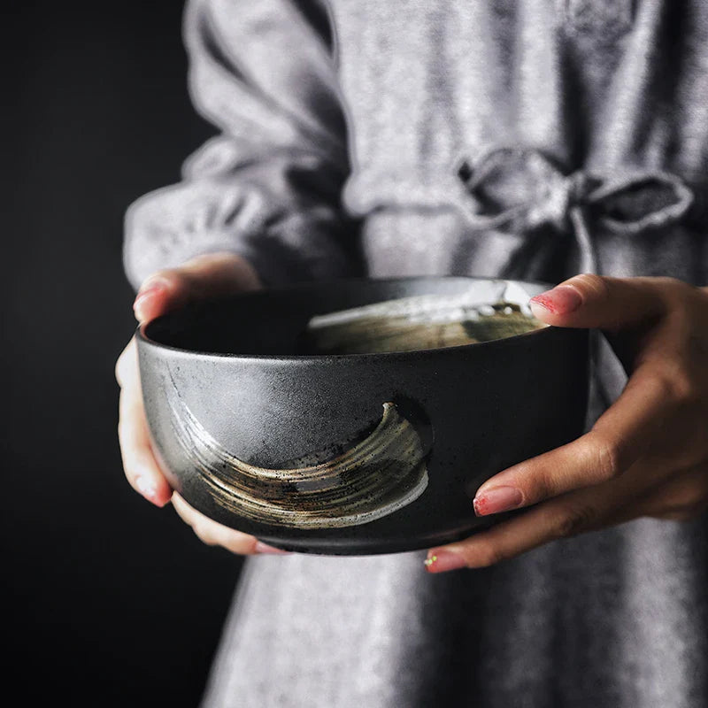 Axya Ceramic Sushi Plate and Rice Bowl Set, Black Matte Design
