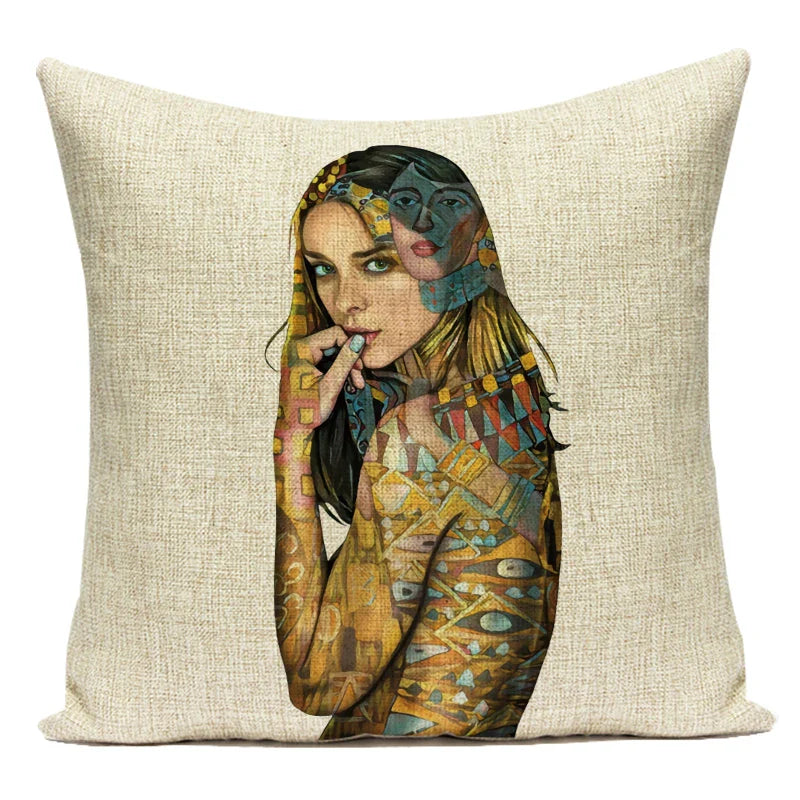 Axyaa Retro Art Woman Abstract Linen Cushion Cover Decorative Throw Pillow