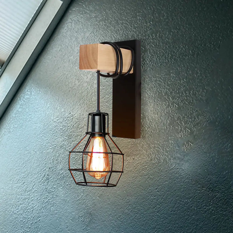 Axyaa Retro Industrial Iron Wood Wall Lamp E27 Sconce Fixture for Home Decor