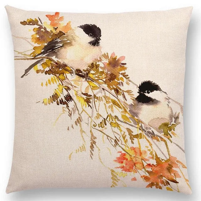 Axyaa Bird Watercolor Cotton Linen Cushion Cover- Hummingbird Goldfinch Chickadee Cardinal Kingfisher