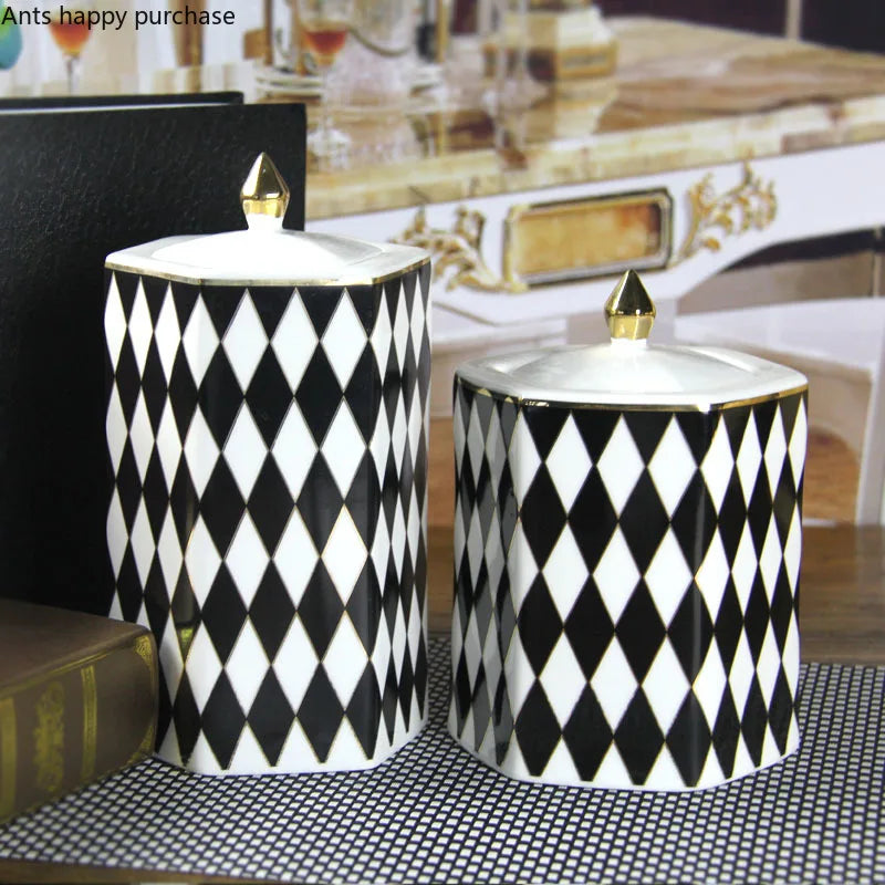 Axya Geometric Black & White Grid Ceramic Storage Jar with Cover