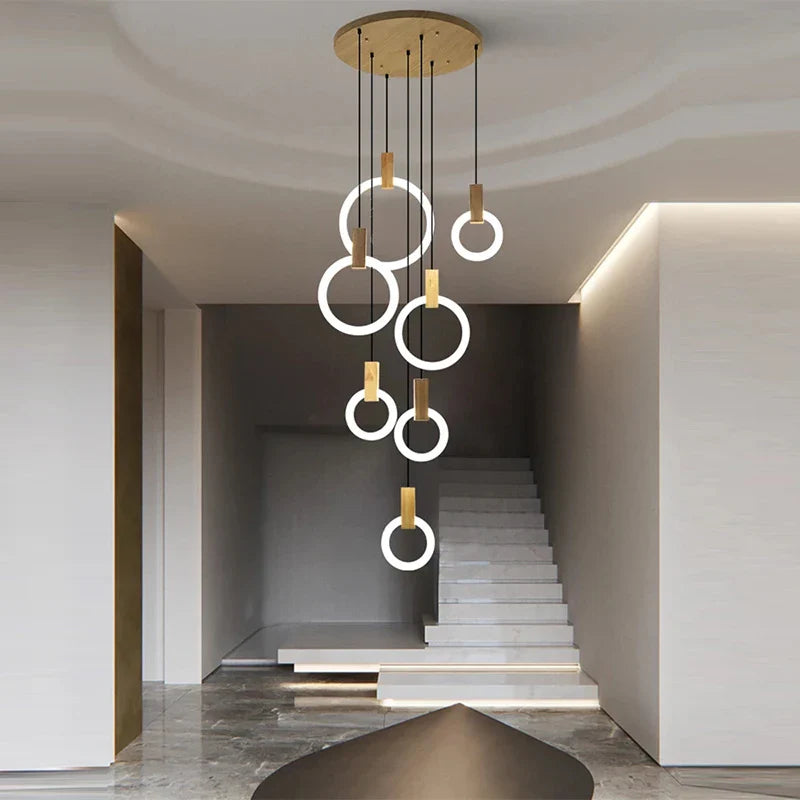 Axyaa Wooden Ring LED Chandelier for Dining Room and Staircase Lighting