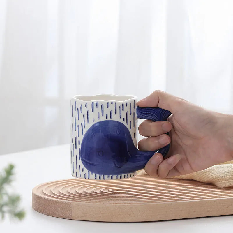 Axya Dolphin Hand-Painted Ceramic Coffee Mug with Whale Handle