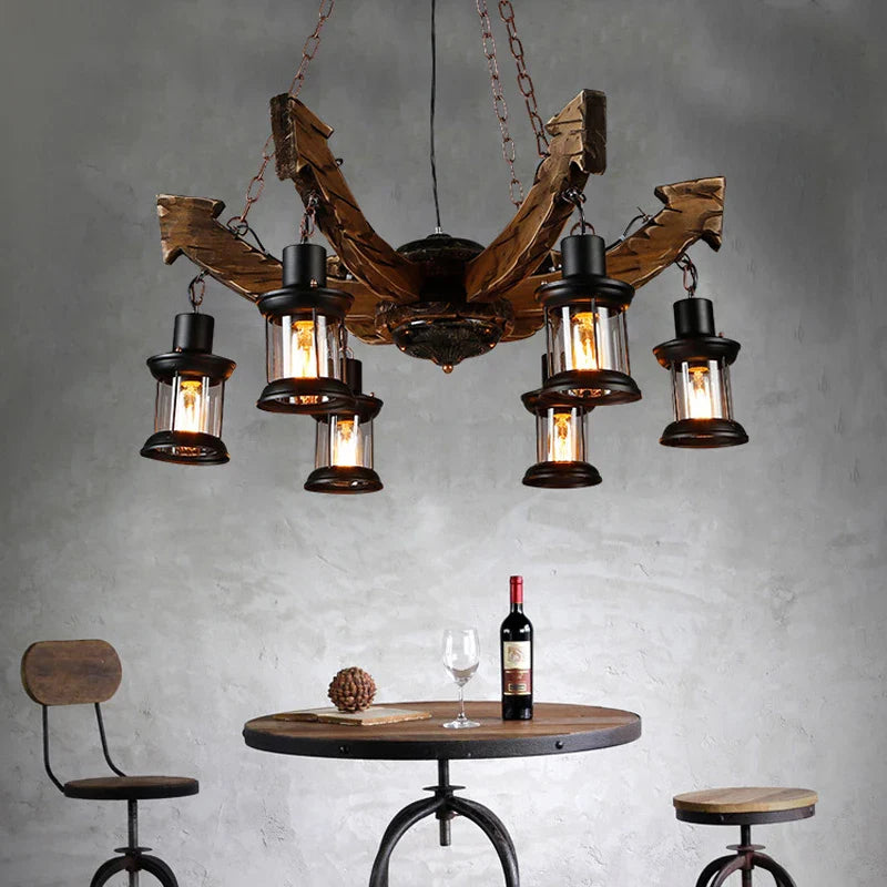 Axyaa Retro Industrial Solid Wood Chandelier for Cafe Restaurant Bar