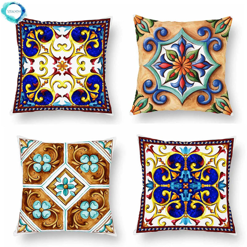 Axyaa Watercolor Geometric Flowers Polyester Cushion Cover Sofa Throw Pillow Cover