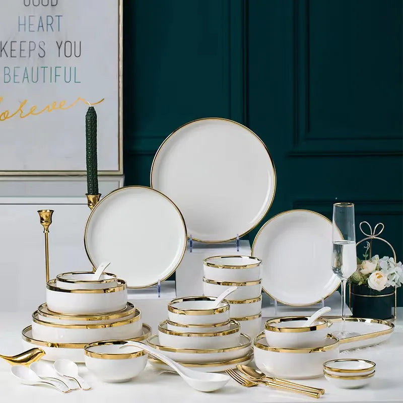 Axya Gold Rim White Porcelain Dinner Plate Bowl Set