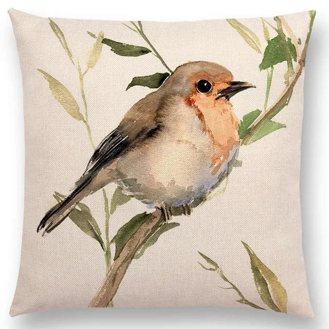 Axyaa Bird Watercolor Cotton Linen Cushion Cover- Hummingbird Goldfinch Chickadee Cardinal Kingfisher