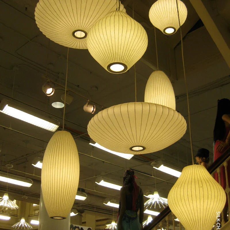 Axyaa White Silk Cloth Pendant Light Loft Lantern Nelson Lamp