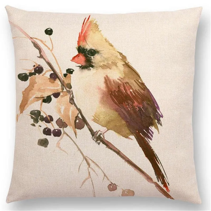 Axyaa Bird Watercolor Cotton Linen Cushion Cover- Hummingbird Goldfinch Chickadee Cardinal Kingfisher