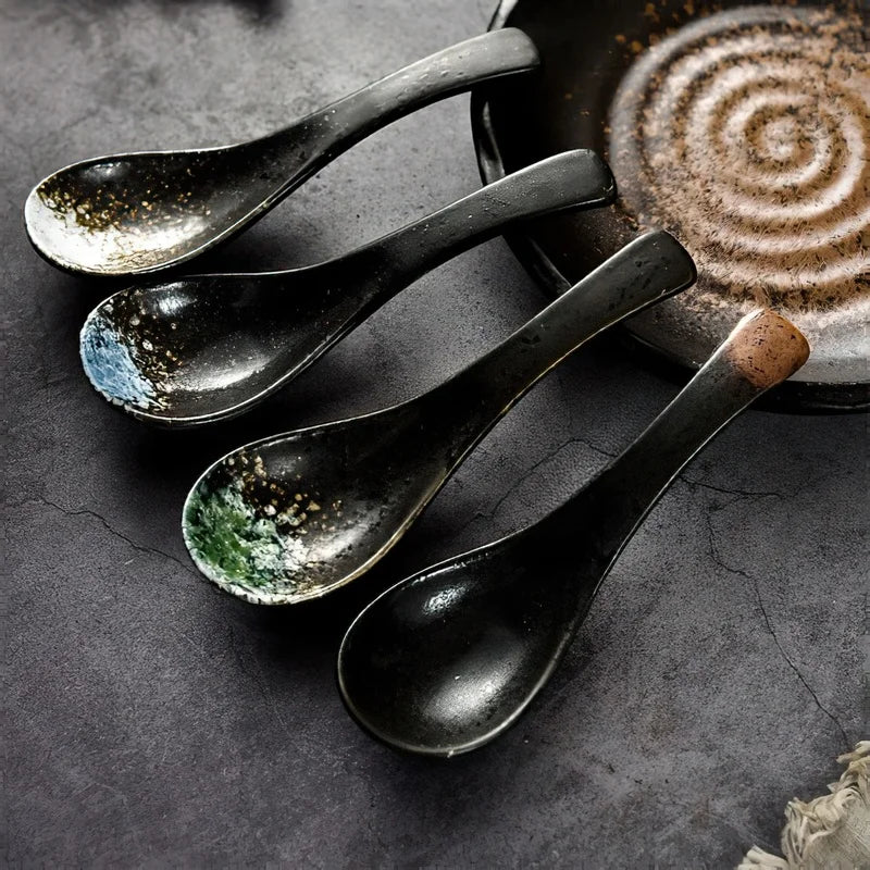 Axya Japanese Retro Bone Ceramic Spoon, Green and Black Rice Scoop, 14.5*4.5cm