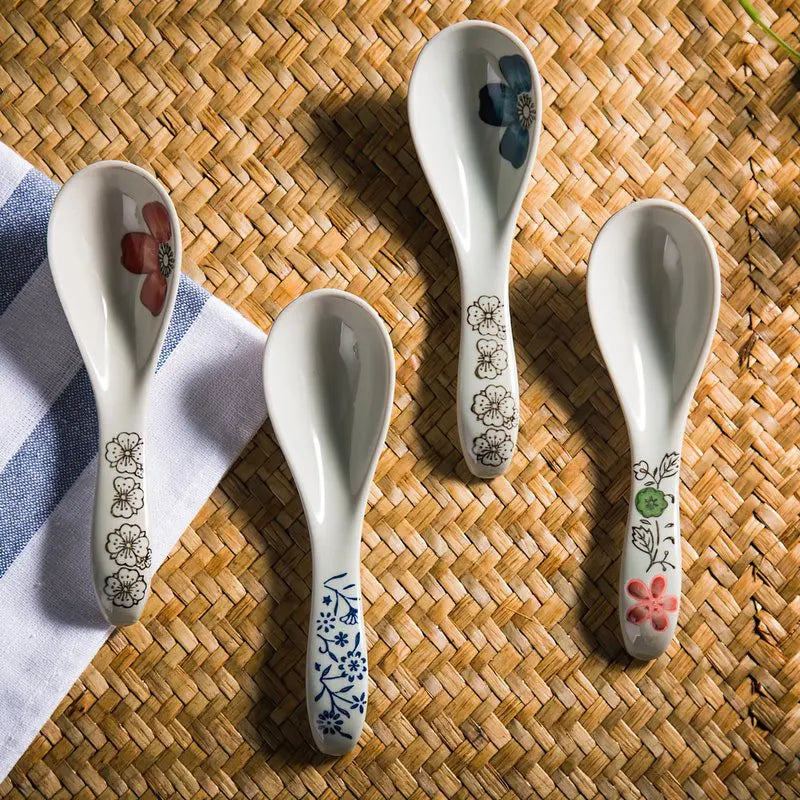 Axya Japanese-style Ceramic Spoon Set Blue Red Flower Soup Scoop Tableware