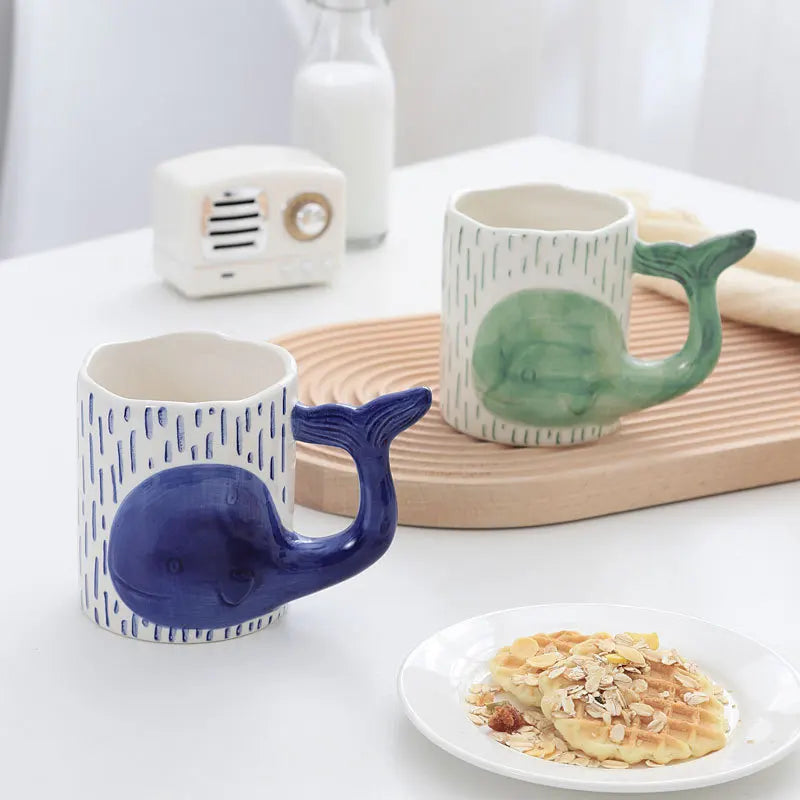 Axya Dolphin Hand-Painted Ceramic Coffee Mug with Whale Handle
