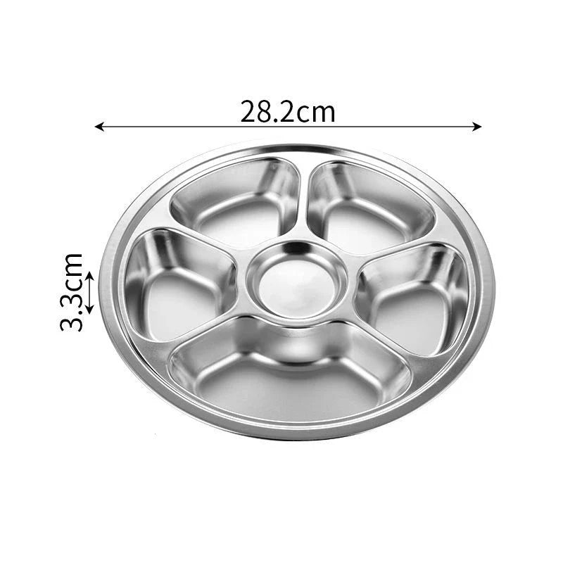 Axyaa Stainless Steel Divided Round Serving Tray Dinner Plates Canteen Lunch Dishes