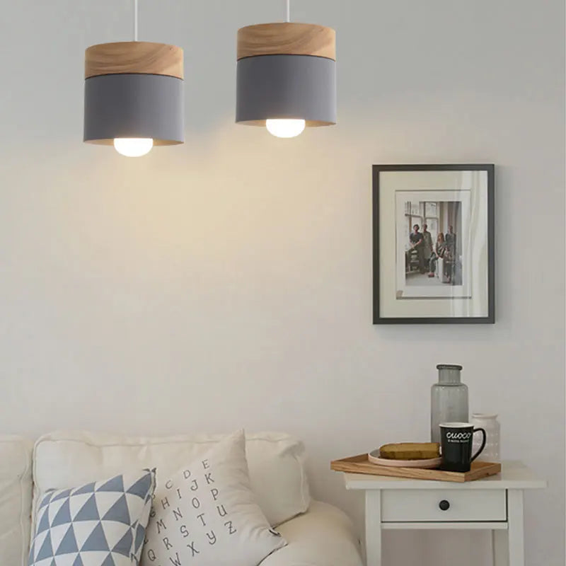 Axyaa Nordic Macaron Pendant Light: Modern E27 Hanging Lamp with Wood and Iron Accents
