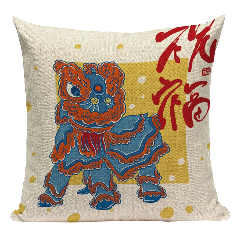 Axyaa Cartoon Tiger Lion Dance Pillow Case Cover for Bed Sofa Decoration