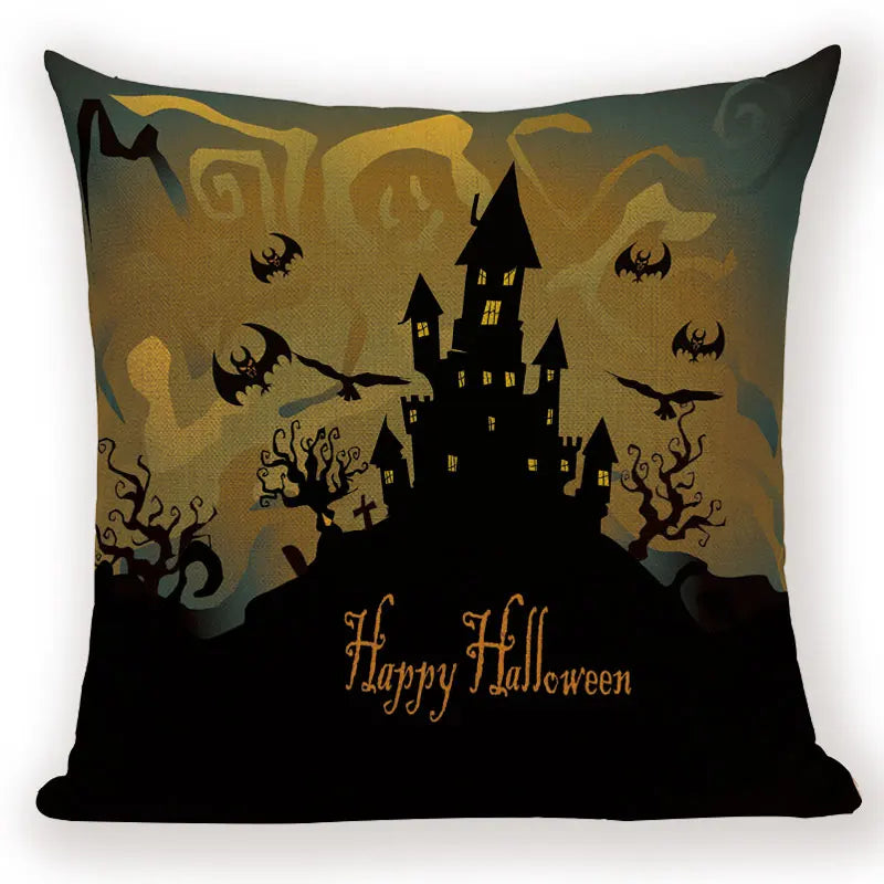 Happy Halloween Pumpkin Print Linen Throw Pillow Cover by Axyaa