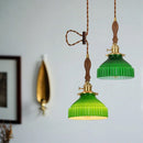 Axyaa Green Glass LED Pendant Light with Wood Hangle & Copper Socket