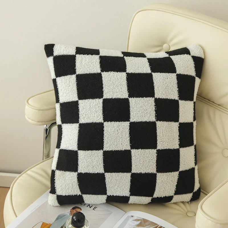 Axyaa Checkered Flocking Cushion Cover for Home Decoration