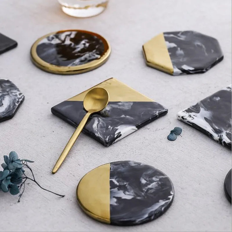 Axya™ Marble Grain Ceramic Coasters: Stylish Drink Mats for Coffee & Tea, Black Round Cup Stands