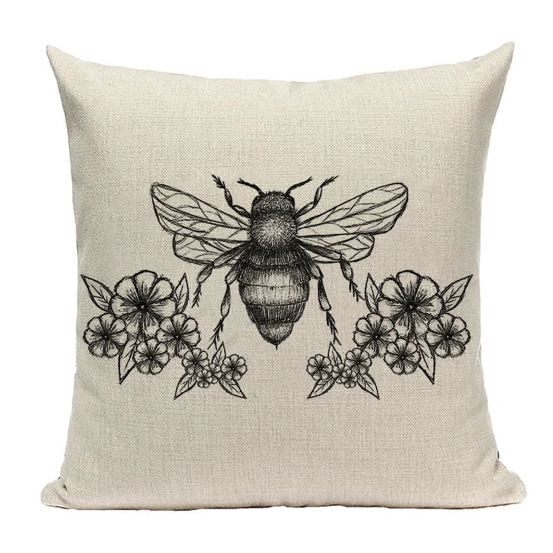 Axyaa Bee Pattern Linen Cushion Cover - Nordic Decorative Throw Pillow Case