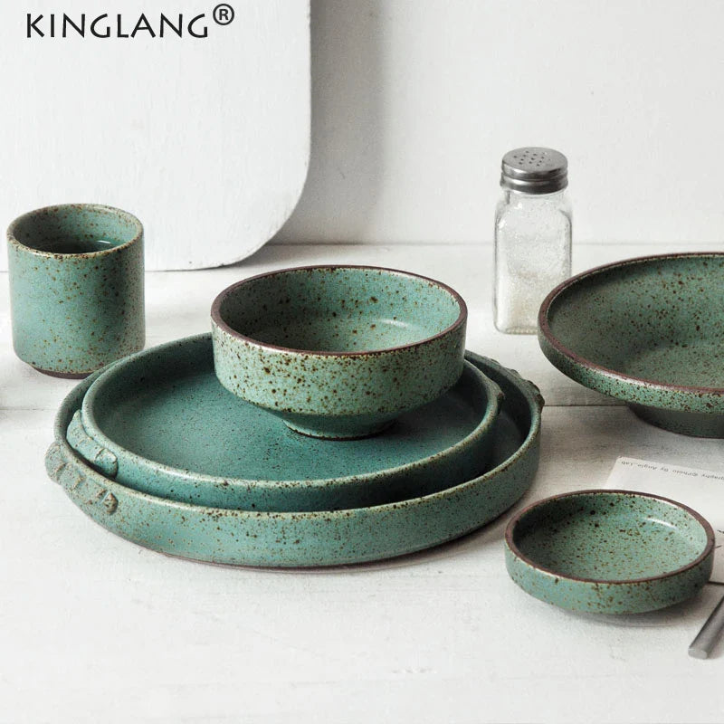 Axya Retro Green Ceramic Dinner Set | Handmade Plates & Bowls for Restaurant Tableware
